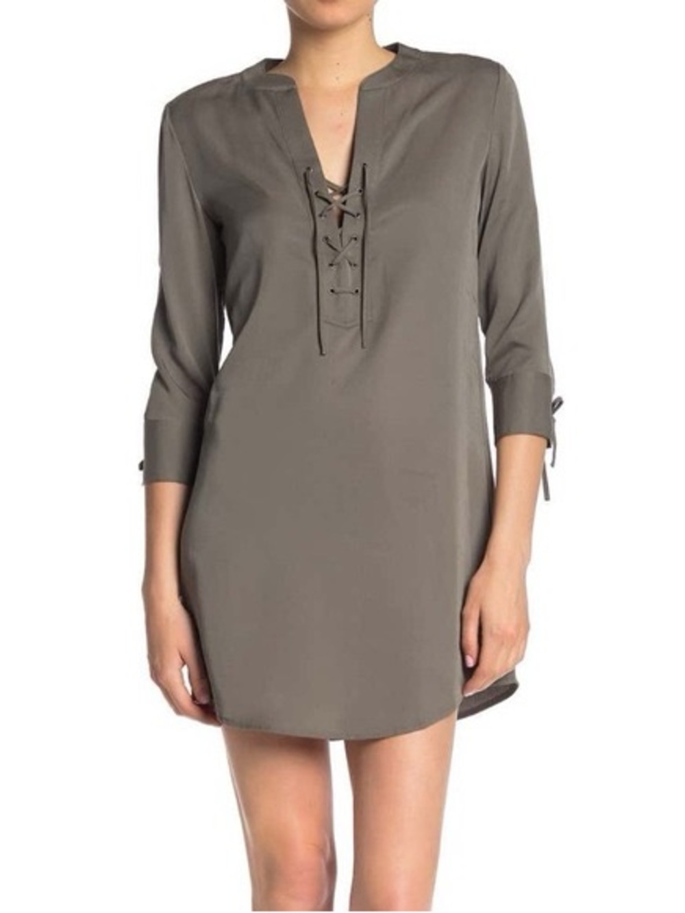Theory Long Sleeve Tie Neck Shirt Dress Size 8 Minimalist Designer Midi Dress